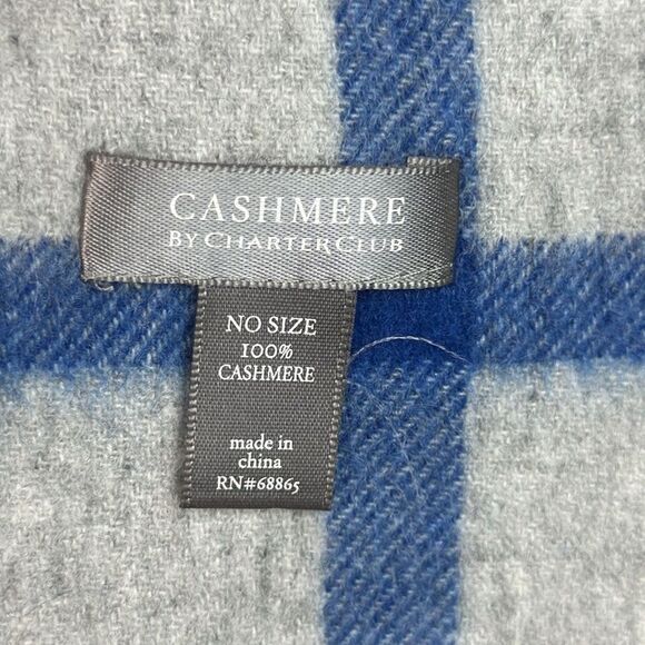 Charter Club Cashmere Scarf Gray Blue Plaid with Fringes Women’s Men’s - Picture 9 of 9
